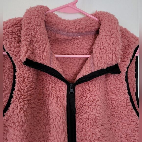 Pink Sherpa Teddy Jacket Vest Cozy Full Zip Barbie Coquette Snow Bunny Large - Picture 3 of 7